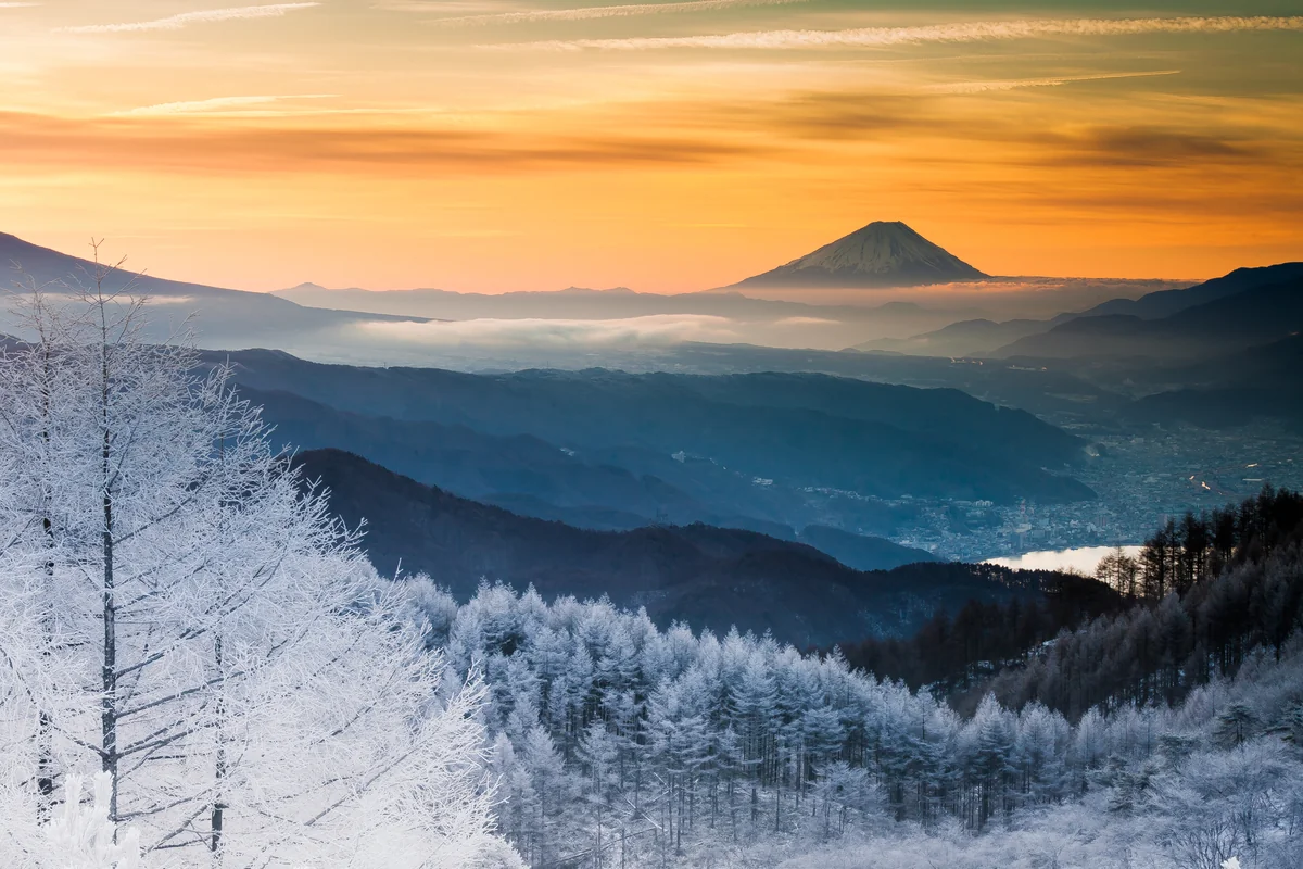 投稿写真：夜明けの富士と霧氷