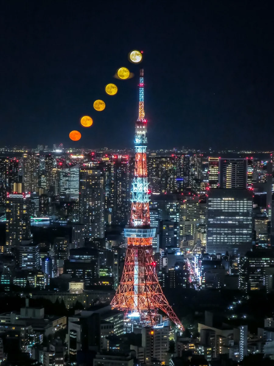 投稿写真：東京タワー目指して昇る月の軌跡