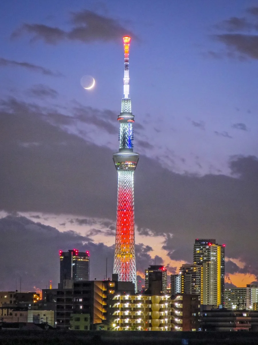 投稿写真：赤いスカイツリーに寄り添う地球照付三日月