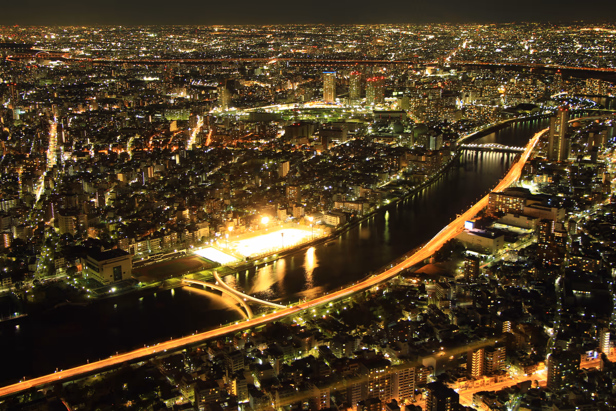 投稿写真：夜の隅田川と隅田川橋梁群