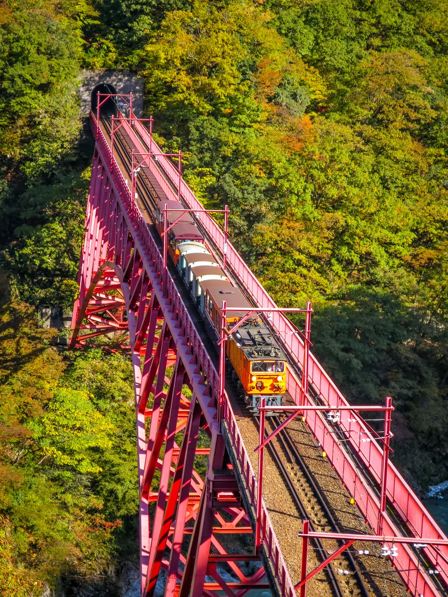 投稿写真：錦繍の黒部峡谷を渡るトロッコ列車