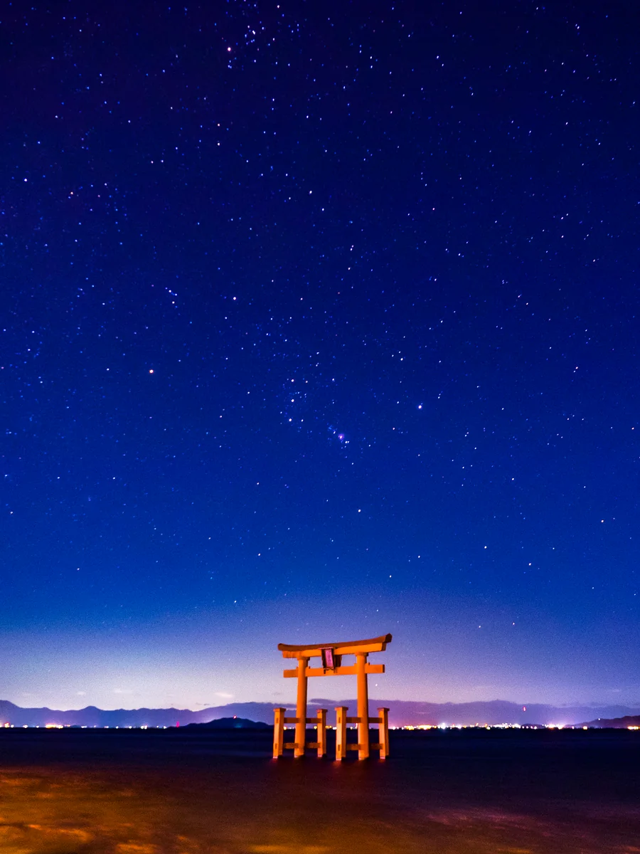 投稿写真：白鬚神社の湖中鳥居と昇るオリオン