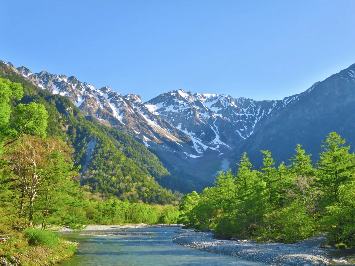 投稿写真：残雪の穂高連峰と梓川