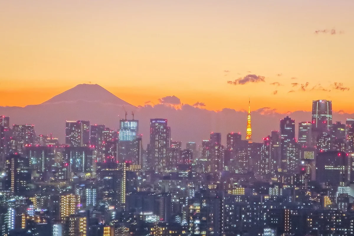 投稿写真：マジックアワーの富士山と東京タワー