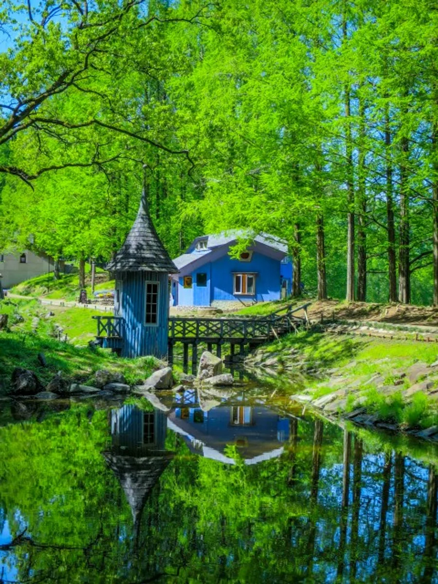 投稿写真：新緑と青い建物のリフレクション