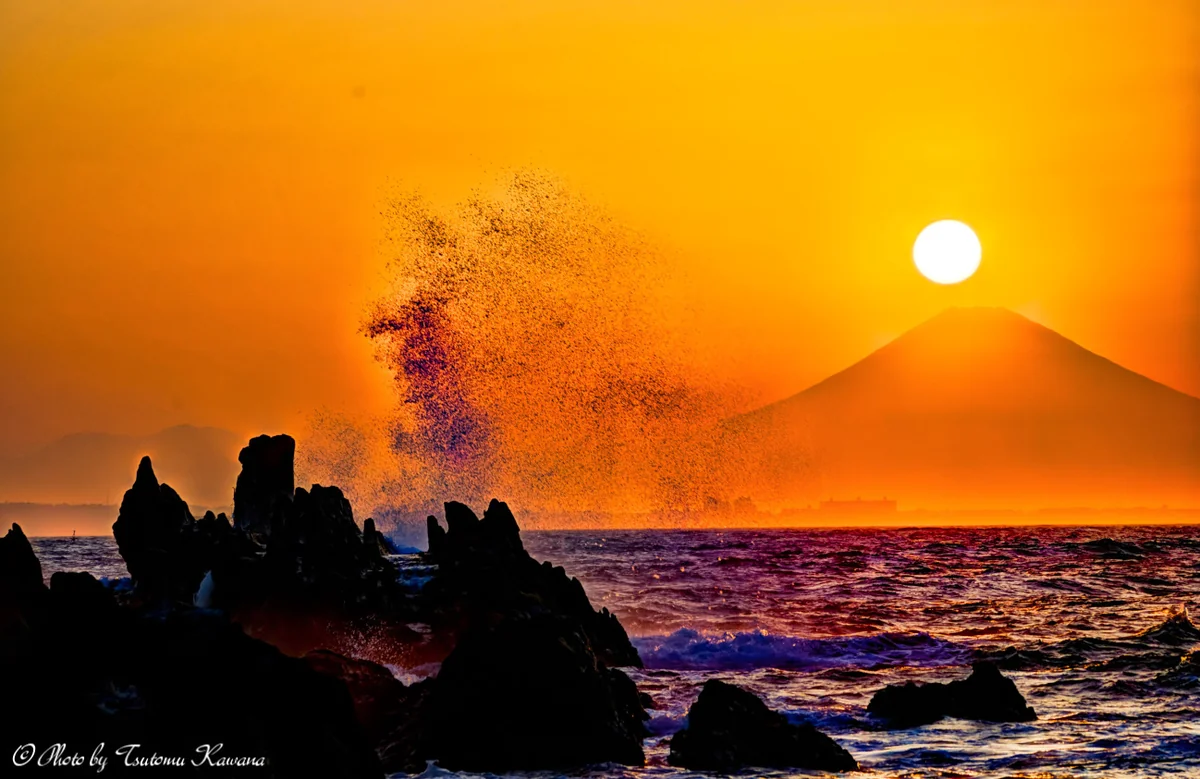 投稿写真：波打ち寄せる岩礁に富士は夕陽に浮かぶ