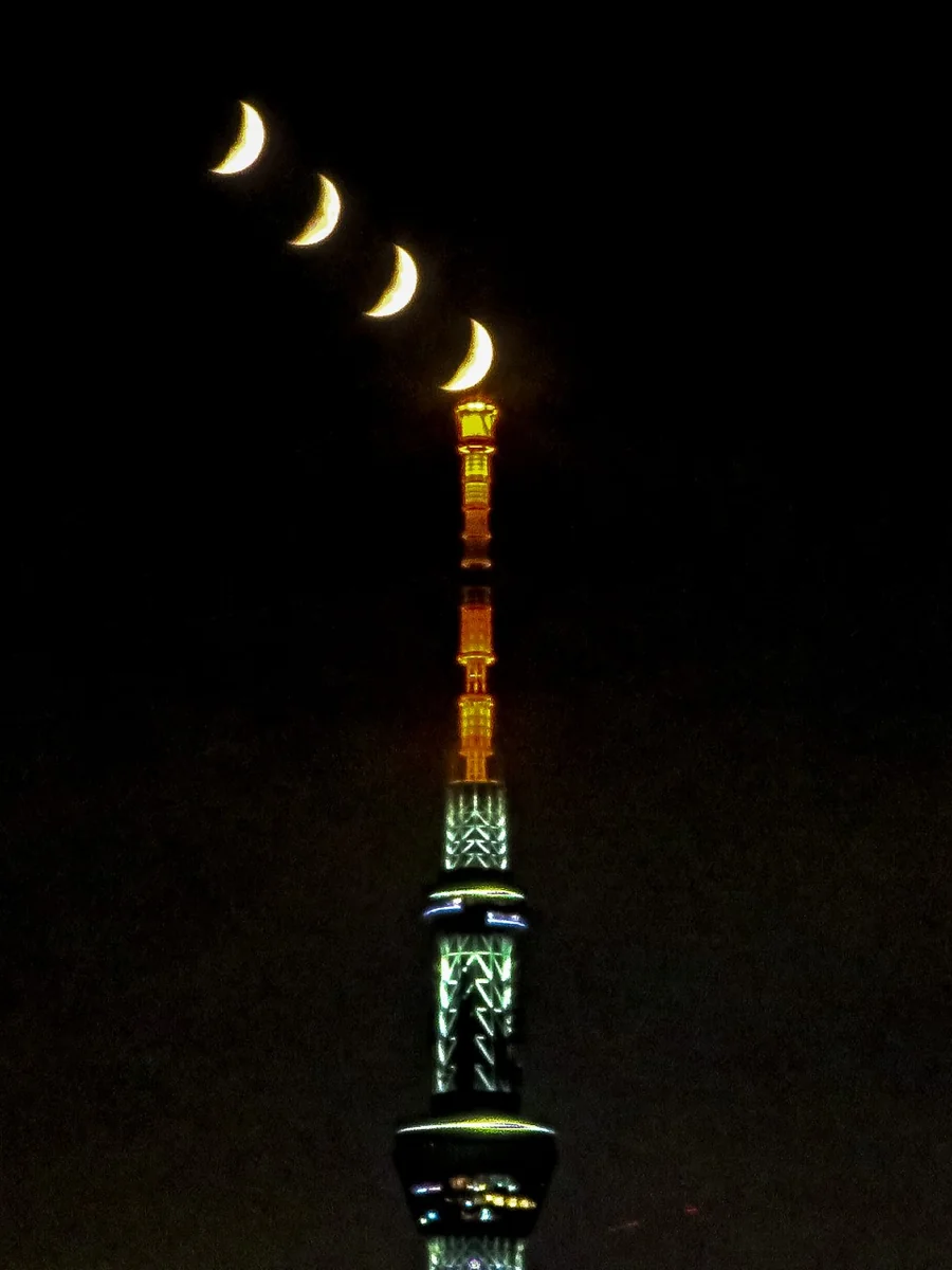 投稿写真：スカイツリー目指して沈む七日月