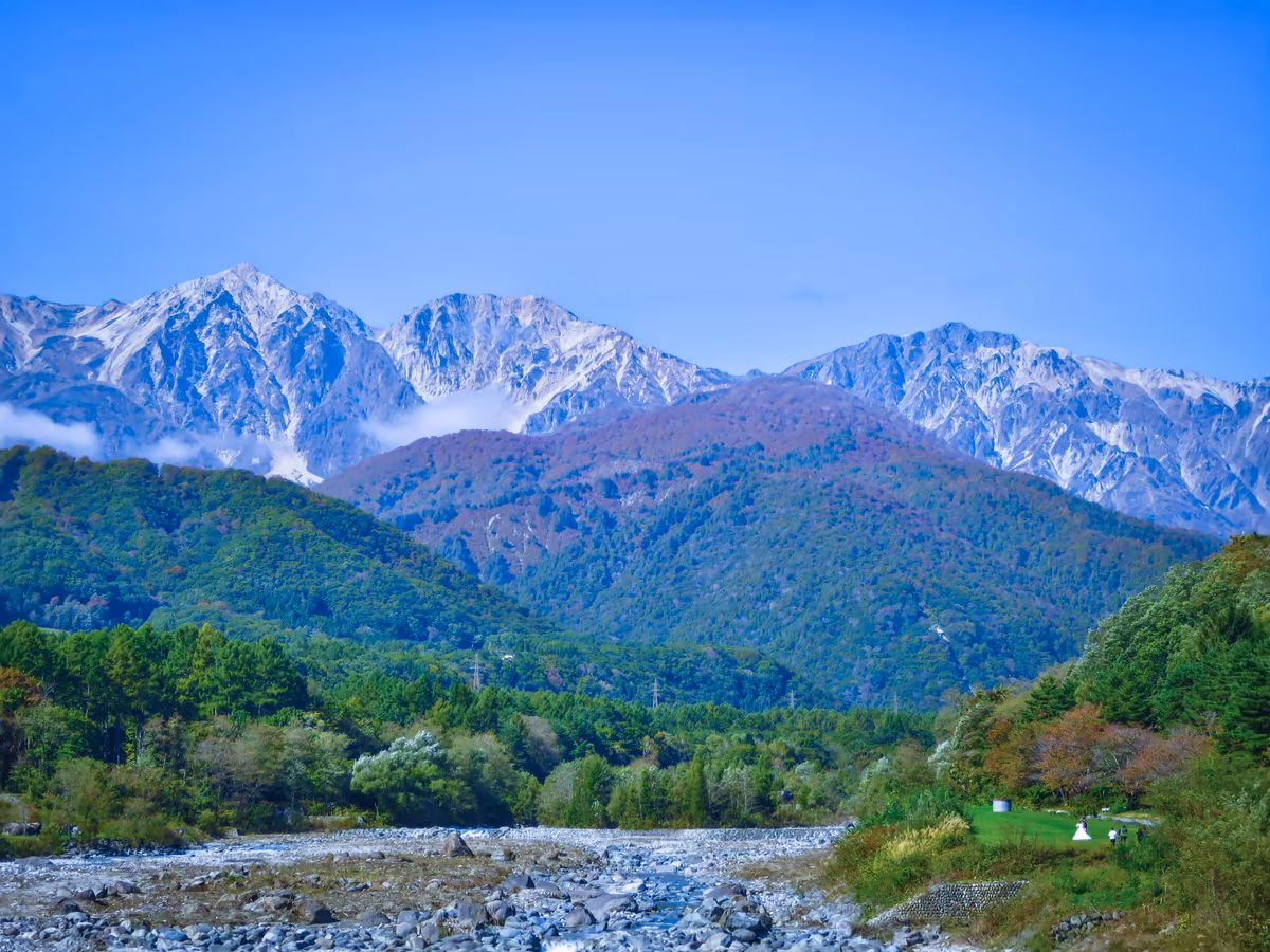 投稿写真：白馬三山と松川の流れ