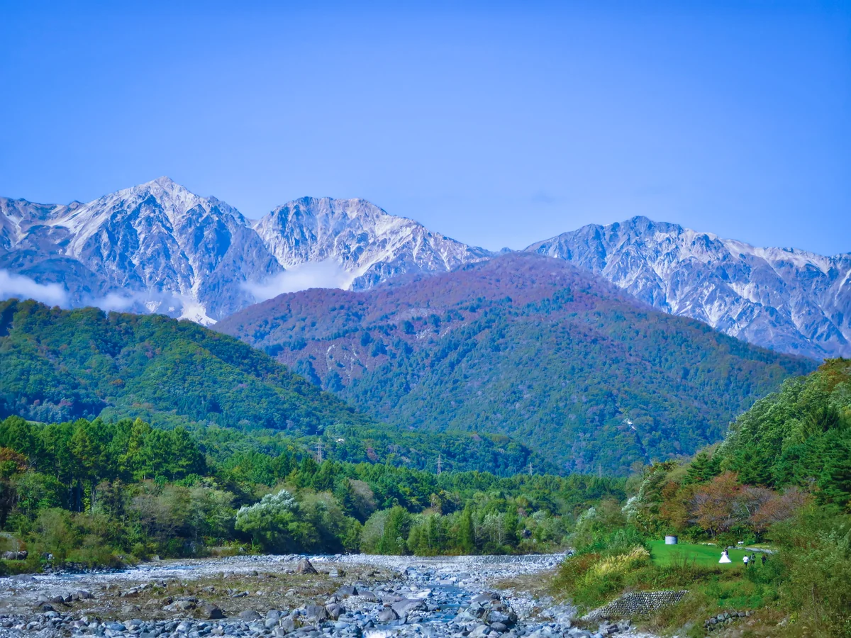 投稿写真：白馬三山と松川の流れ