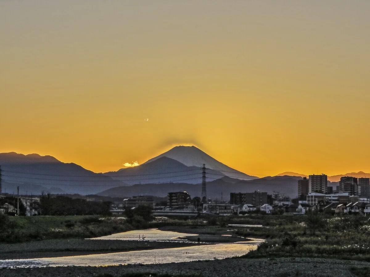 投稿写真：蛇行する川と影付夕富士
