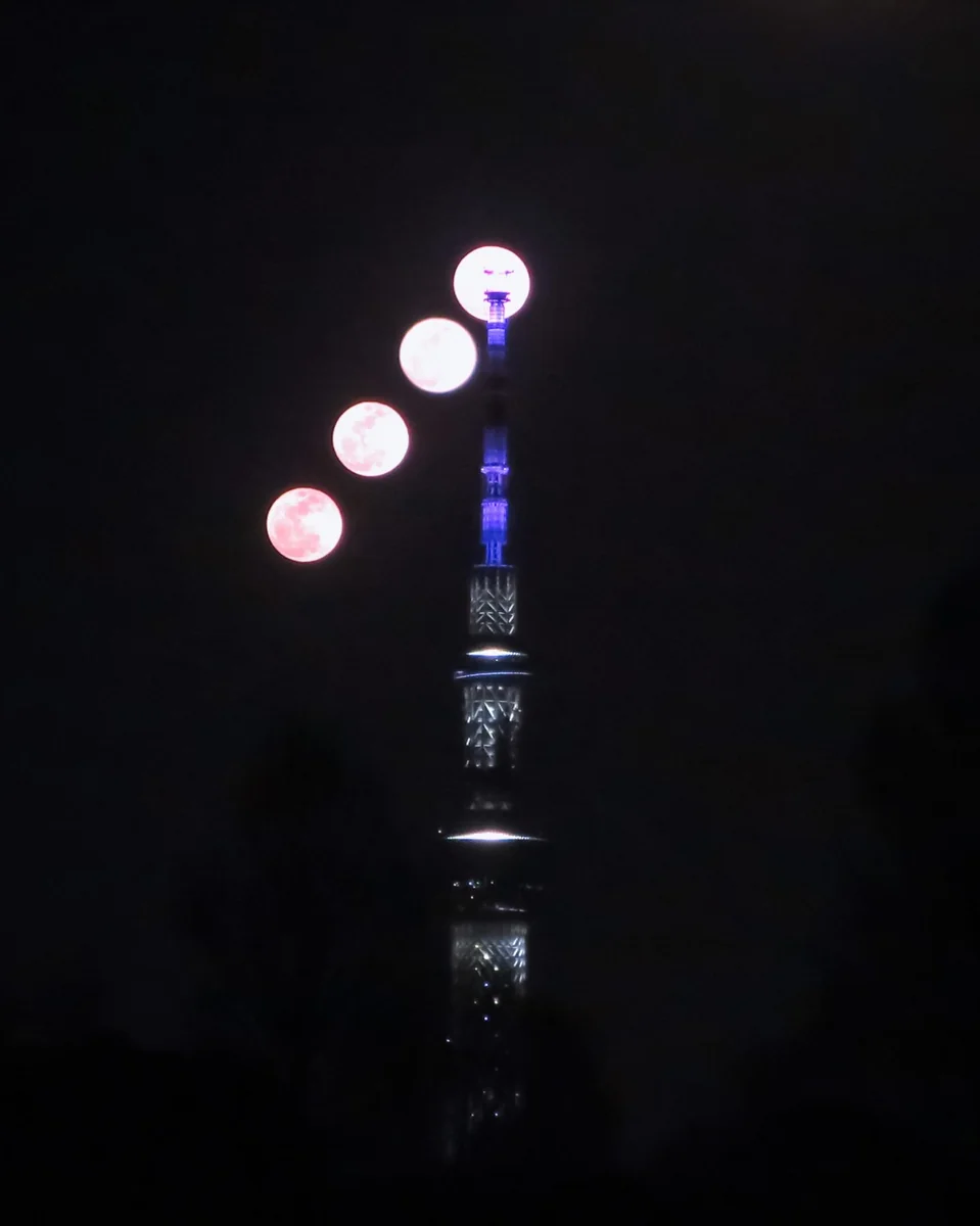 投稿写真：スカイツリーの天辺目指して昇る満月