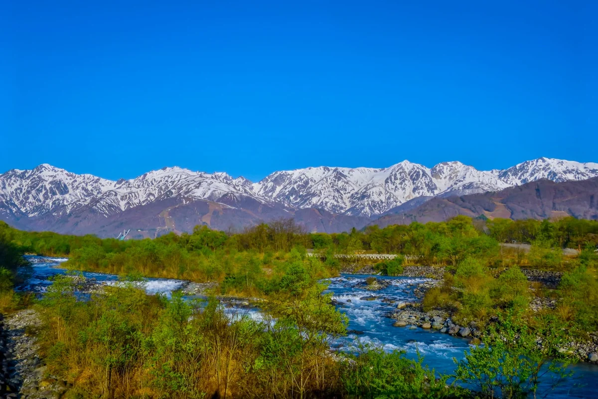 投稿写真：残雪の北アルプスと松川の流れ