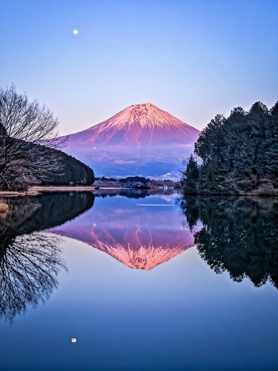 投稿写真：月と紅富士のパーフェクトリフレクション
