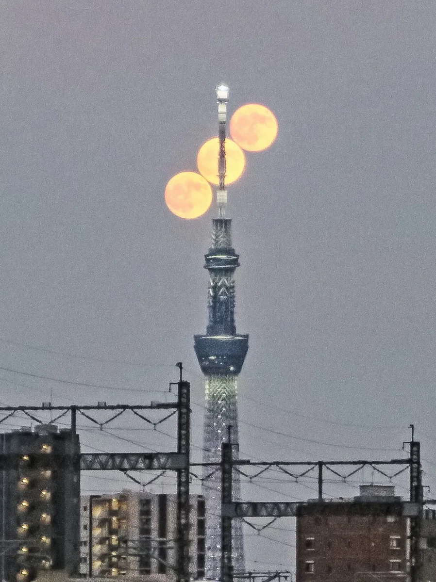 投稿写真：スカイツリーにクロスする小望月