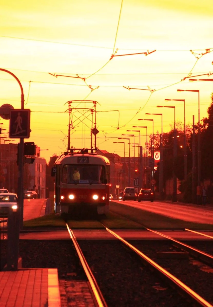 投稿写真：夕焼けの中を走るプラハの路面電車