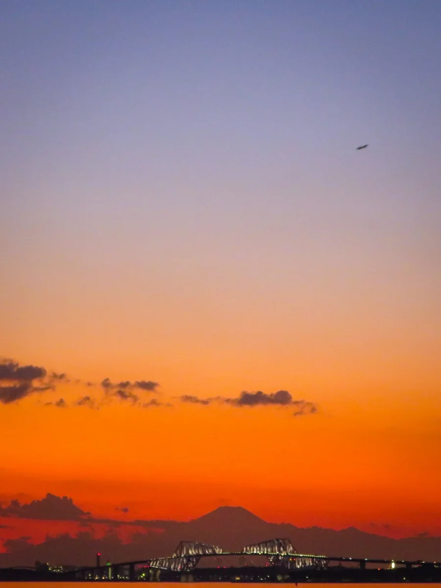 投稿写真：ライトアップされたゲートブリッジと夕富士と離陸機
