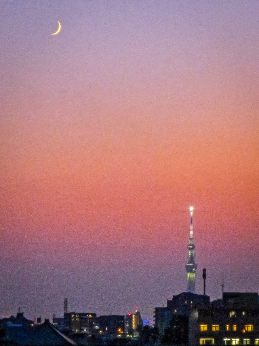 投稿写真：夕焼け空に映える四日月とスカイツリー