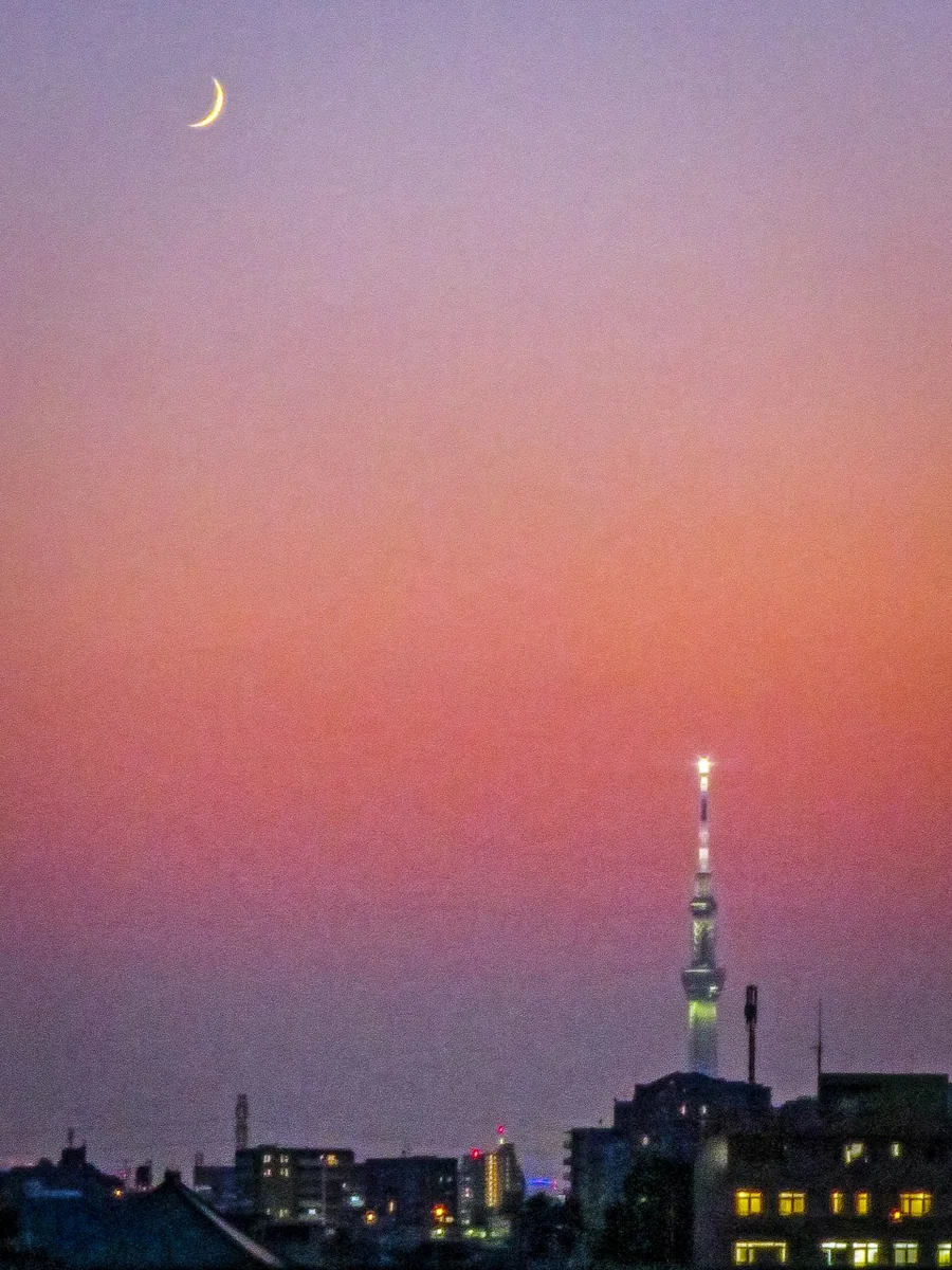 投稿写真：夕焼け空に映える四日月とスカイツリー