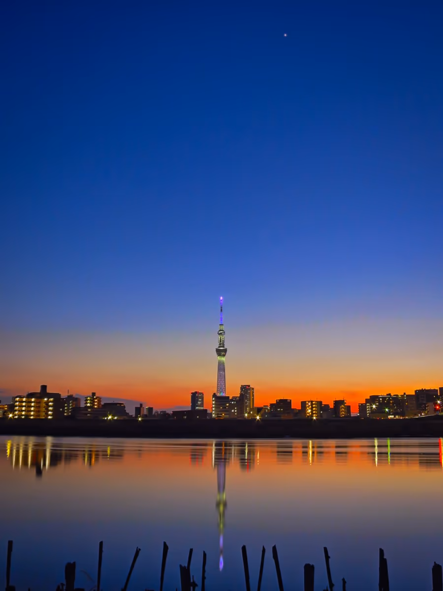 投稿写真：スカイツリーと夕焼け空のリフレクションと金星