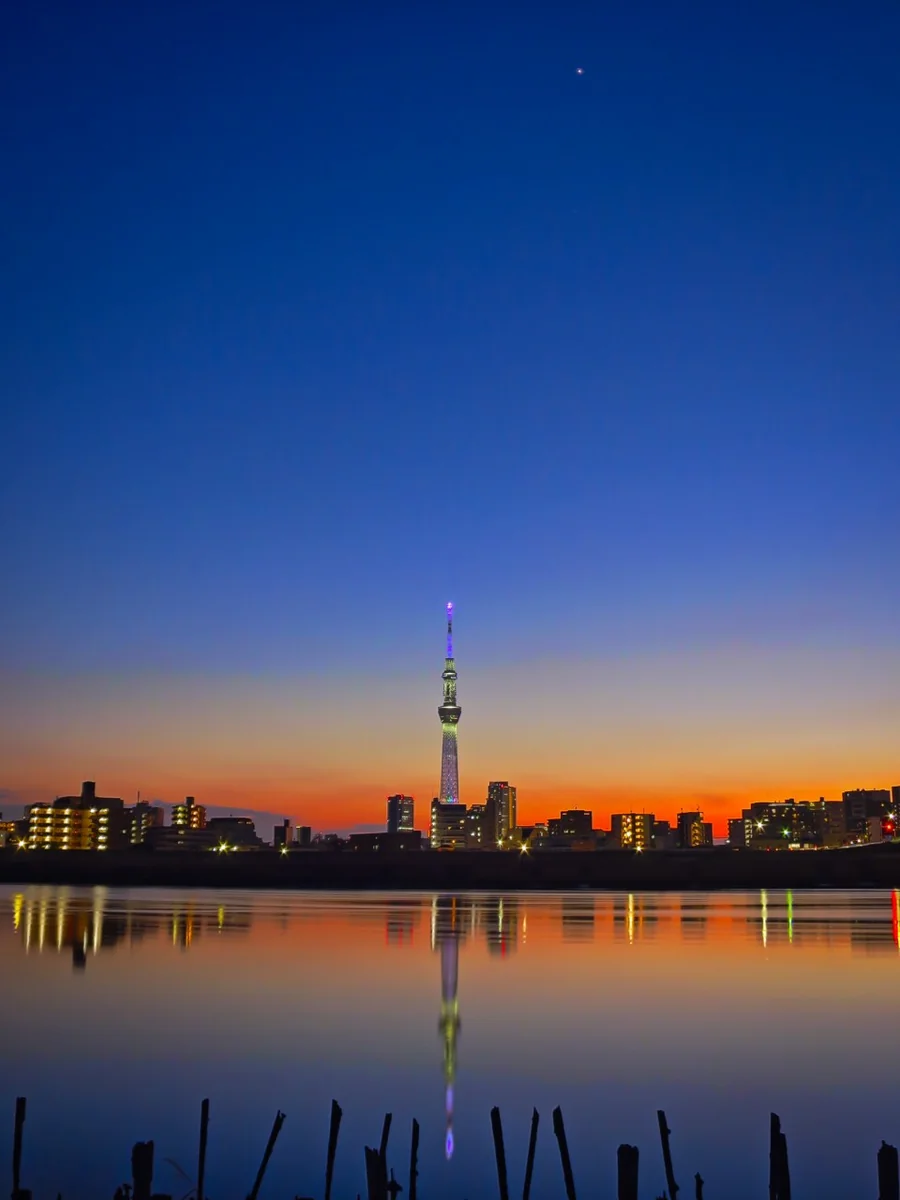 投稿写真：スカイツリーと夕焼け空のリフレクションと金星