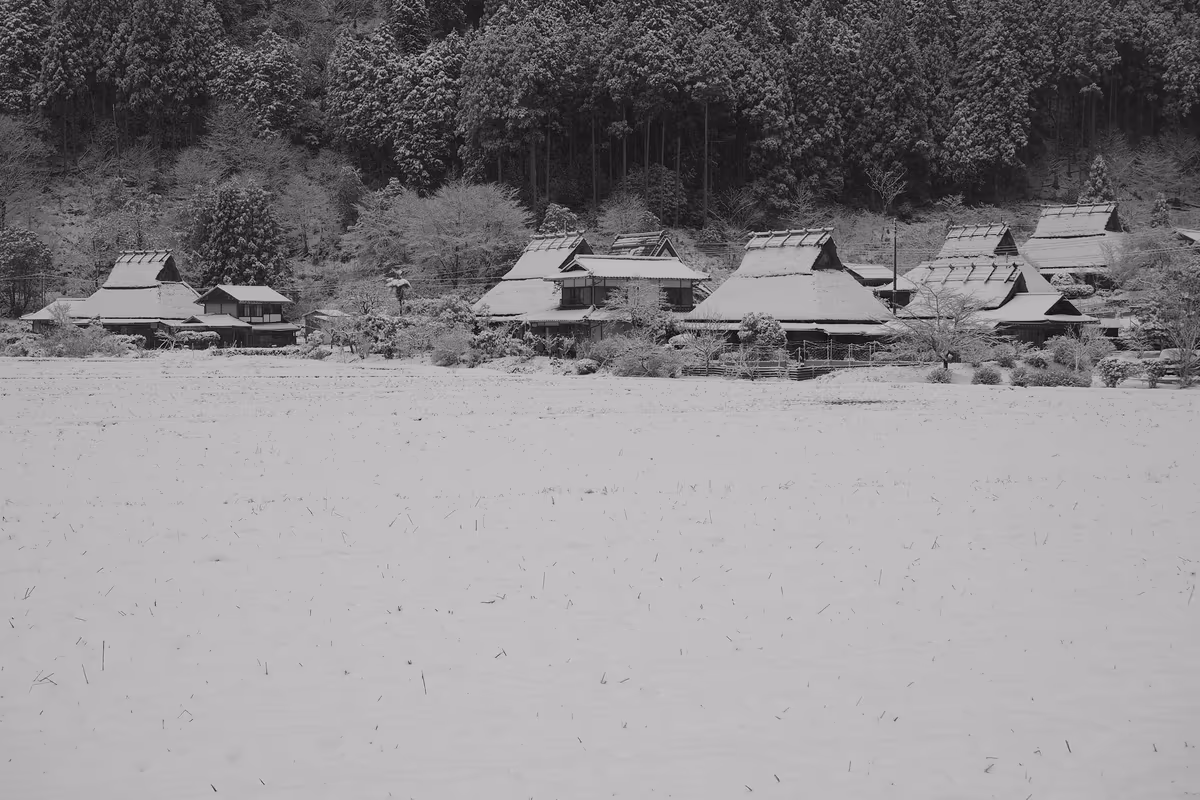 投稿写真：雪に埋もれる茅葺屋根の集落
