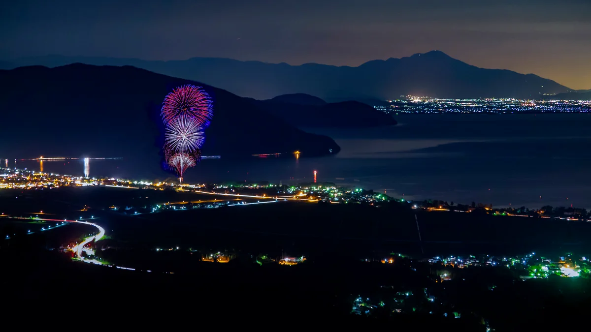 投稿写真：盛夏奥琵琶湖の夜景とマキノサマーカーニバルの花火