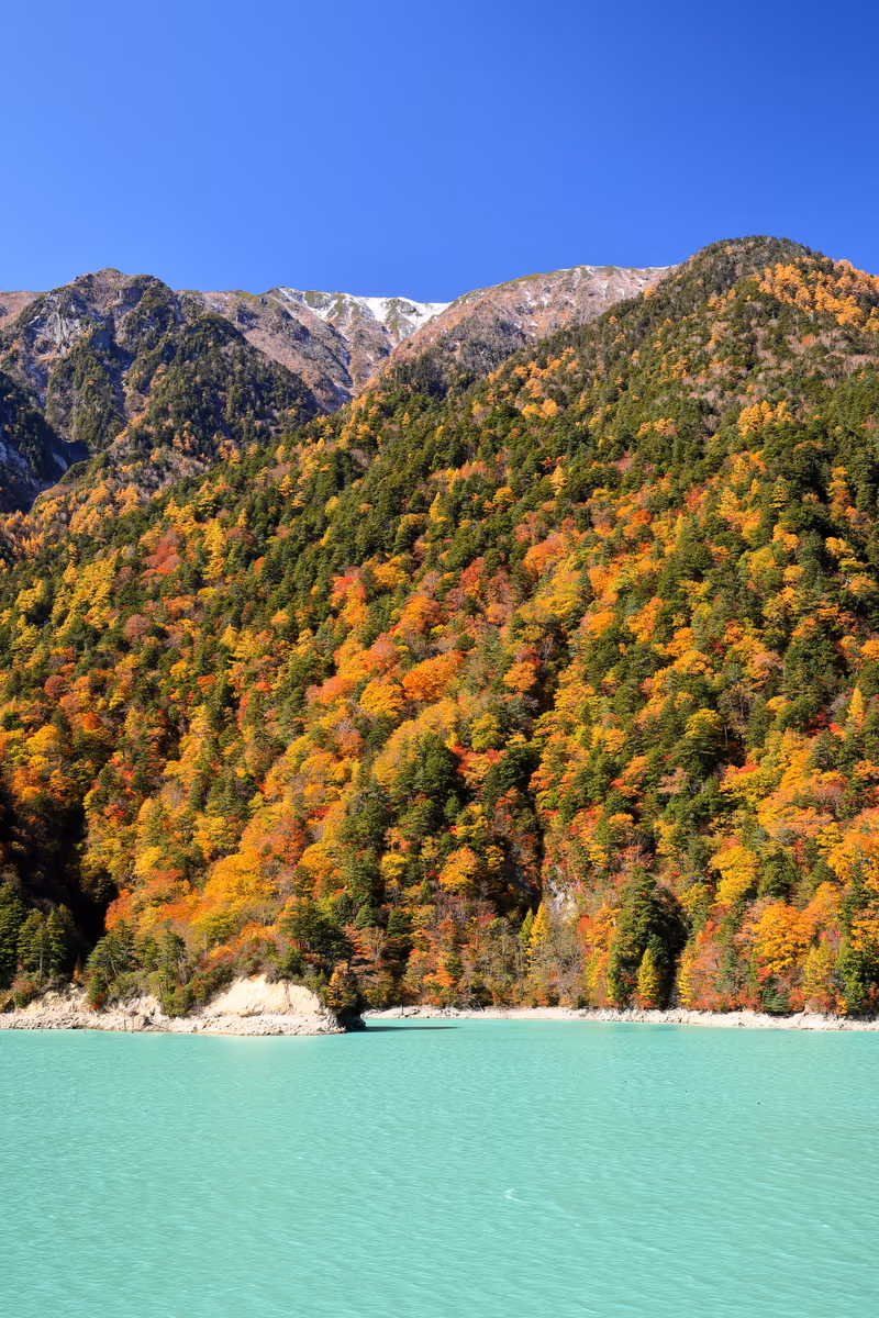 投稿写真：青空と紅葉とエメラルドグリーンの湖面