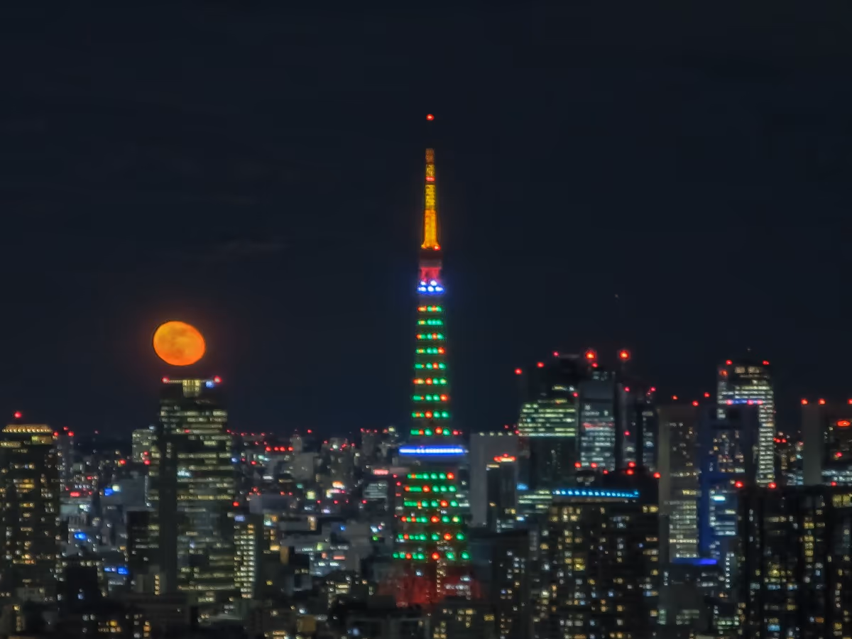 投稿写真：クリスマスライトアップの東京タワーと居待月