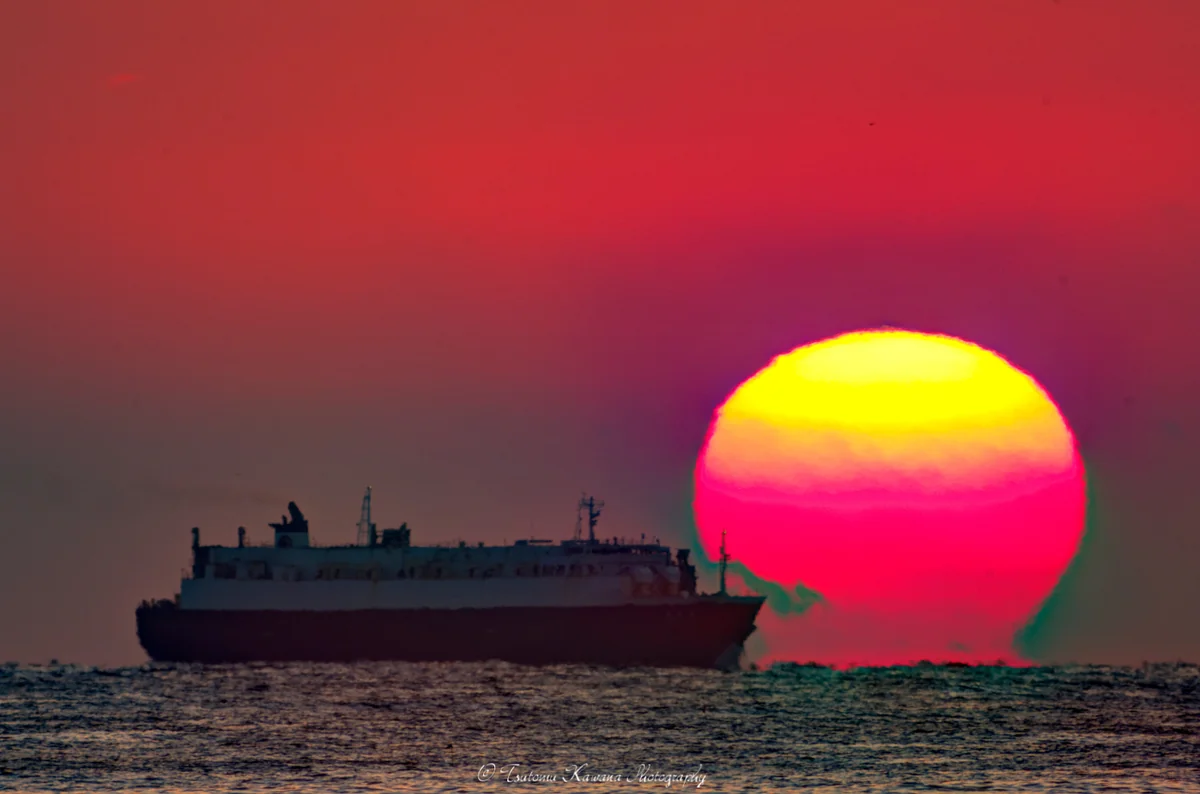 投稿写真：RORO（ローロー）船「神王丸」、グラデーションだるま夕陽へ