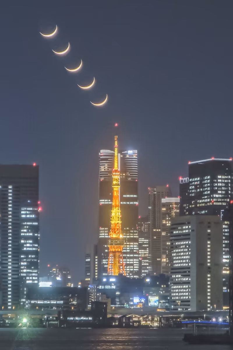 投稿写真：東京タワー目指して沈む地球照付三日月