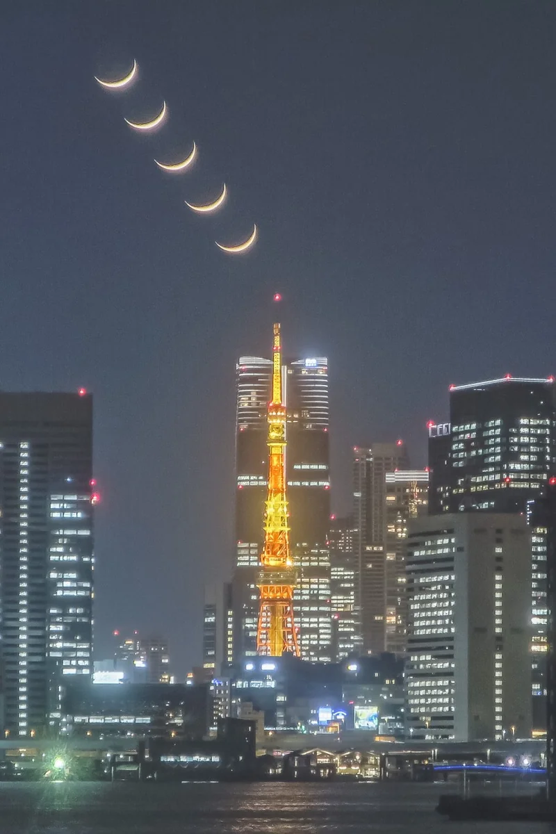投稿写真：東京タワー目指して沈む地球照付三日月