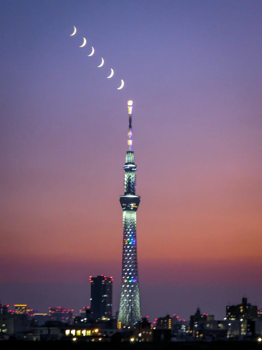 投稿写真：スカイツリーに沈み行く五日月