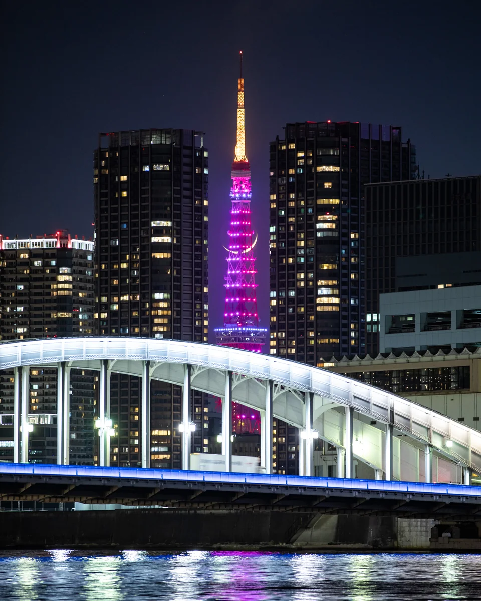 投稿写真：ビルに挟まれ東京タワーと三日月の絶景