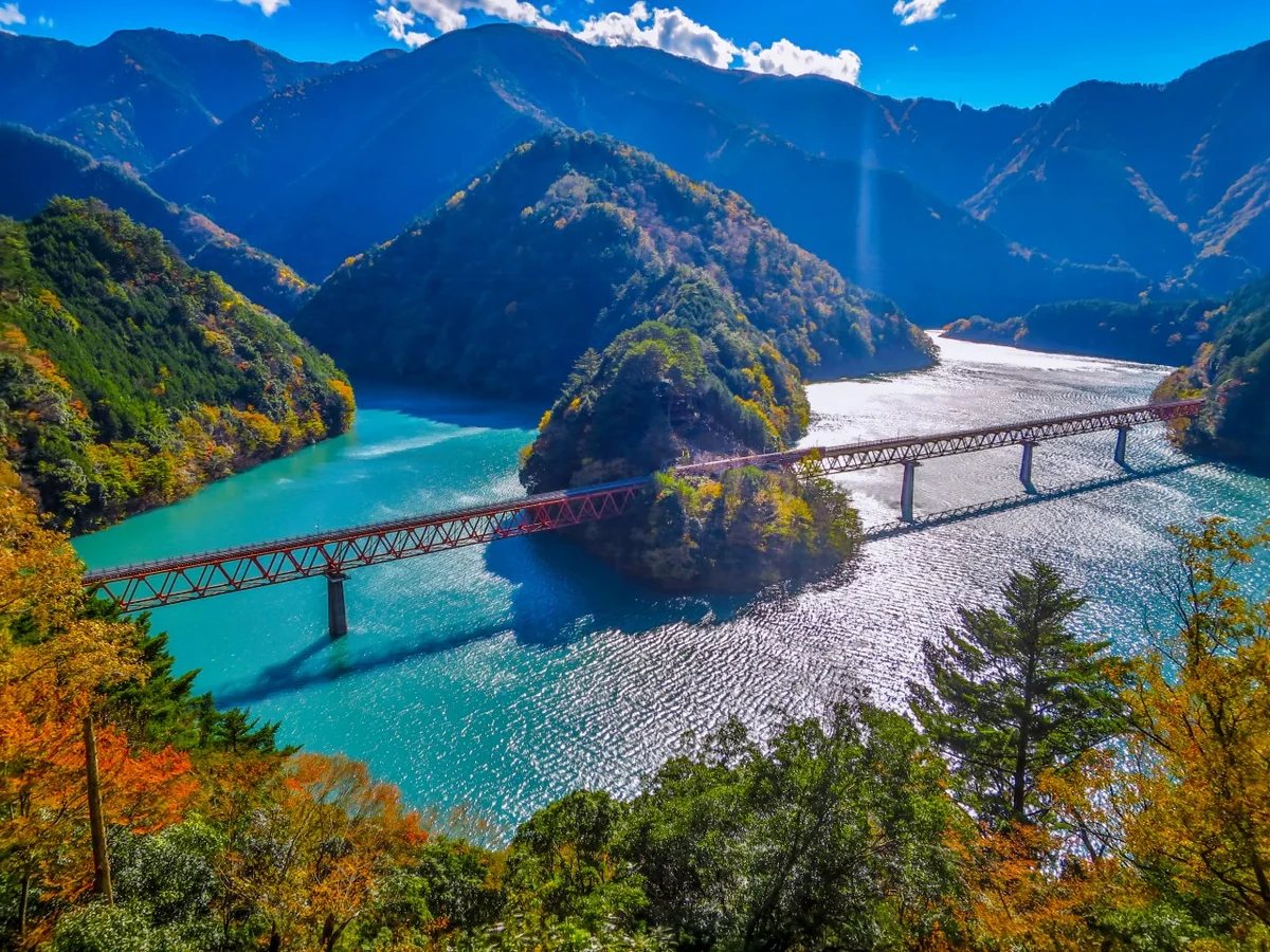 投稿写真：秋の湖上駅に停車中の井川線の列車とレインボーブリッジ全景