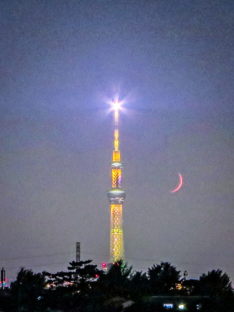 投稿写真：赤い四日月と金色のスカイツリー