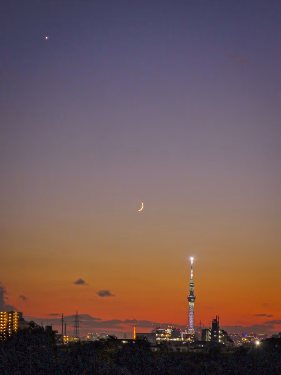 投稿写真：マジックアワーの金星・四日月・スカイツリー・東京タワー